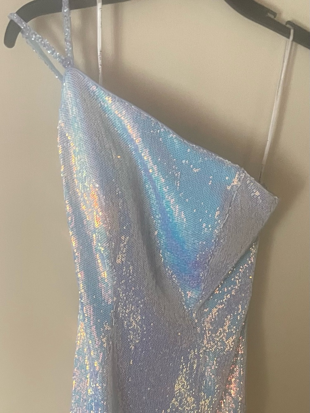 One-Shoulder Iridescent Light Blue Sequin Dress